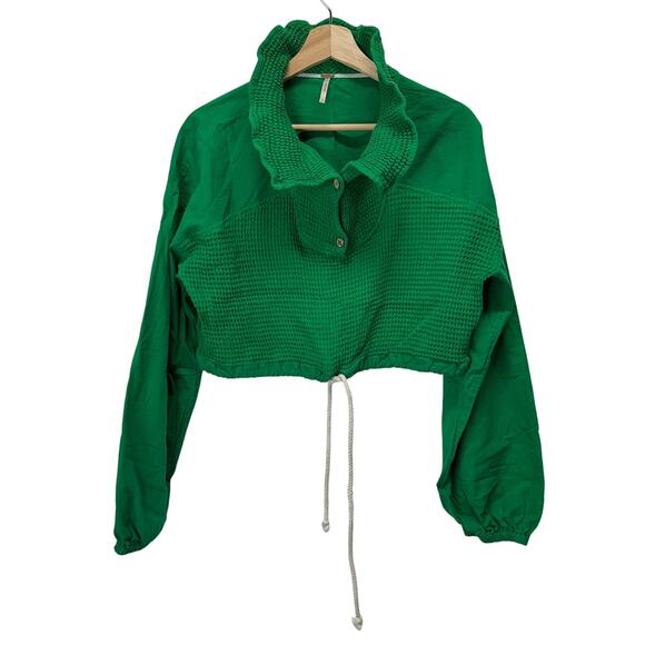 Free People Green Cropped Waffle Knit Quarter Button Sweatshirt Womens Medium - Picture 1 of 13